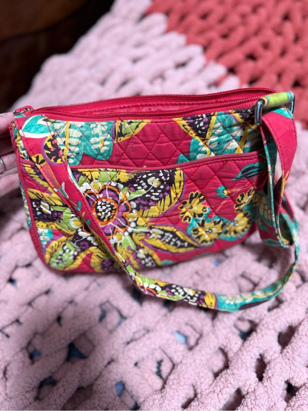 Vera Bradley Quilted Floral Crossbody in Hot Pink with Teal Accents